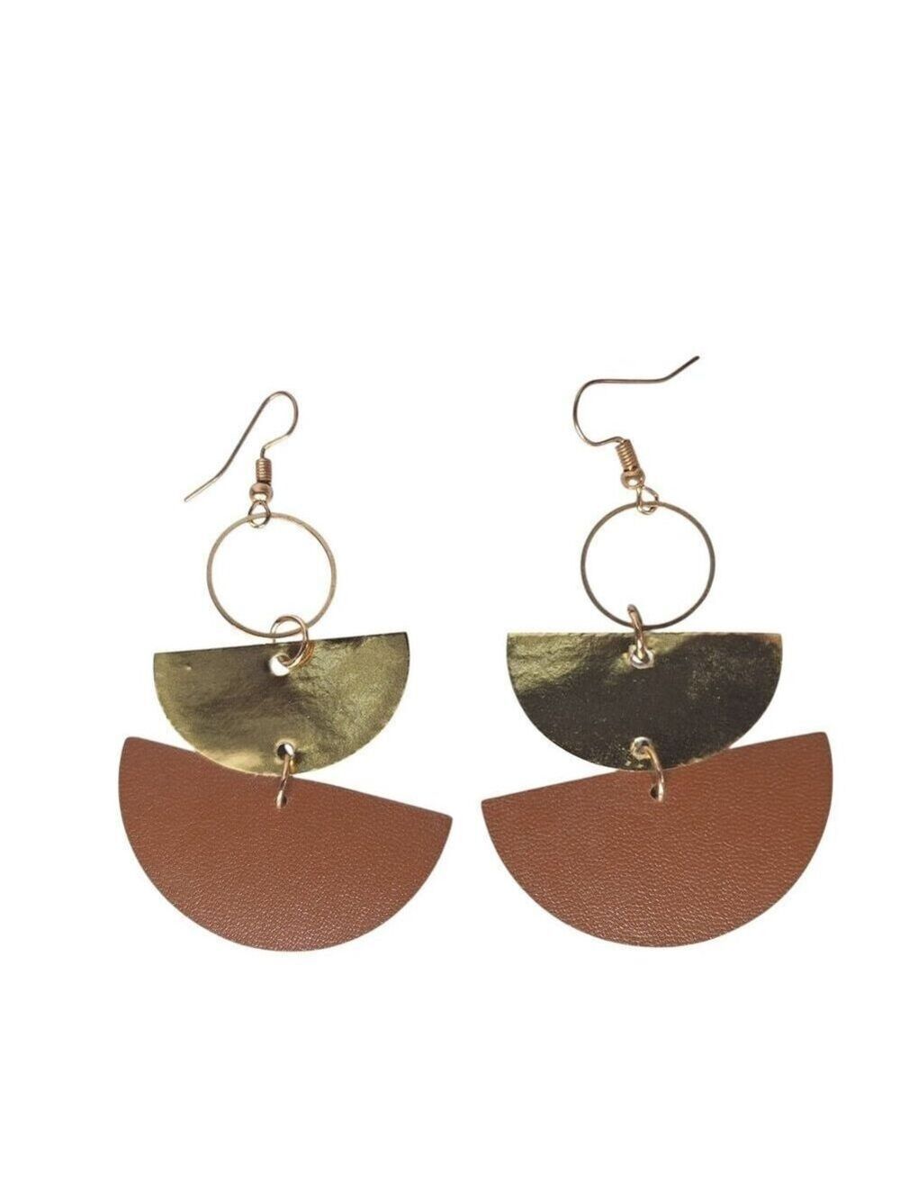 Gold Tone Geometric Faux Leather Dangle Earrings